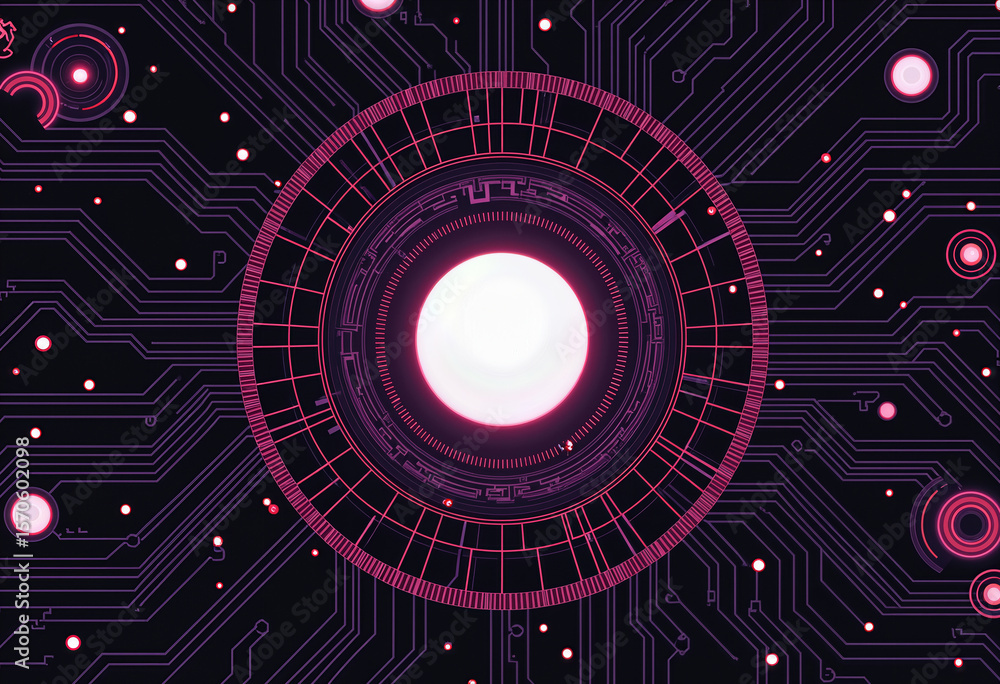 Poster advanced futuristic technology background with a complex circular hud interface, a glowing pink core