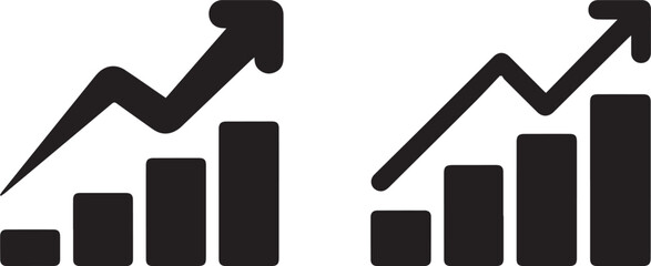 Two black bar graph icons with upward trend arrows silhouette isolated on white background