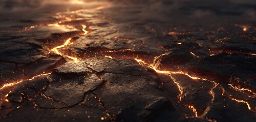 Firestorm sweeping across dry plains with glowing embers and cracked earth