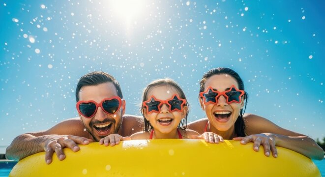 Joyful Family Pool Day: Sunglasses, Laughter, and Summer Fun in Bright Sunlight
