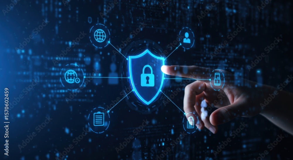 Poster human finger interacts with glowing blue digital shield icon representing cybersecurity and data pro