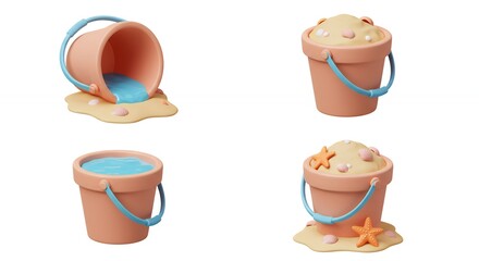 Summer sand buckets with water and seashells