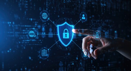Human finger interacts with glowing blue digital shield icon representing cybersecurity and data protection in a futuristic network environment