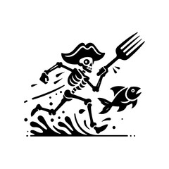 A skeletal pirate chases a fish with a fork, running through water.