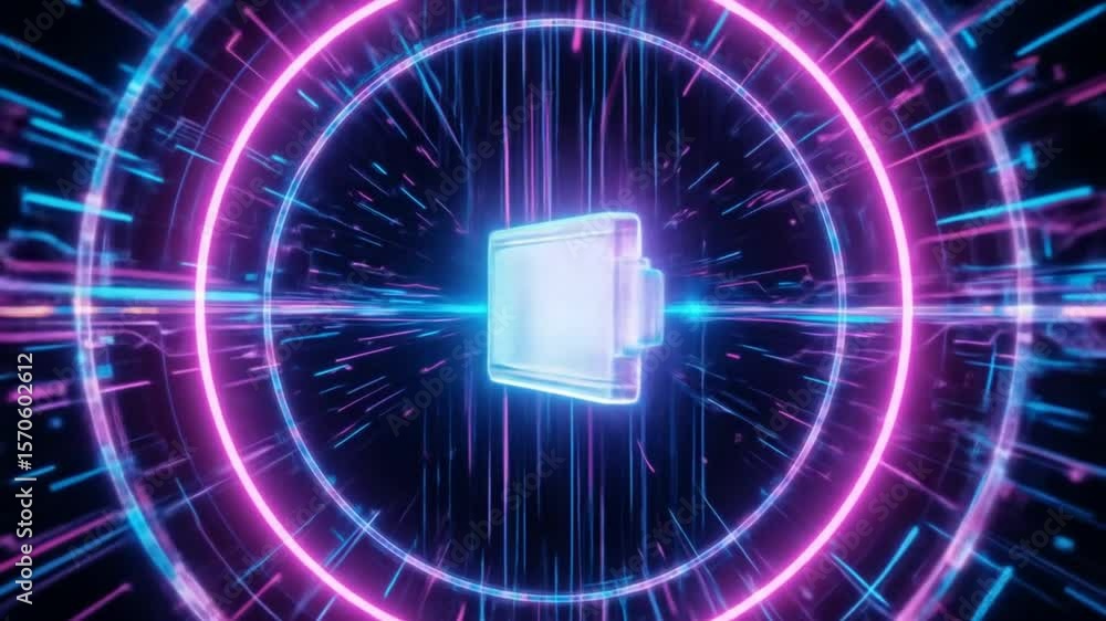 Poster neon battery charging animation with futuristic technology background loop is seamless