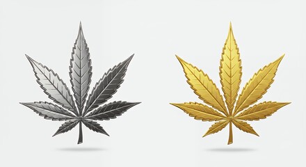 Two stylized cannabis leaves one gold one grayscale