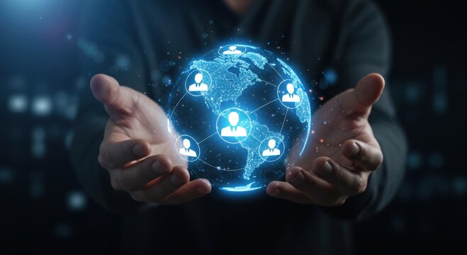 Hands cradling a glowing digital globe connecting people worldwide with a network of user icons and shimmering lights