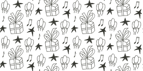 Birthday party crayon seamless pattern. Festive doodle gift, stars and balloons endless background. Hand drawn kids black and white continuous cover. Vector hand drawn flat illustration.