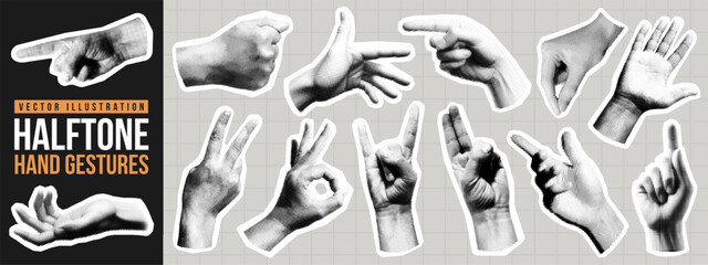 Vintage dotted halftone hand gesture, human arm sign, finger touch, click or tap and pointing sticker collage. Y2k retro newspaper cutout, comic magazine doodle art, torn grunge paper label and icon.