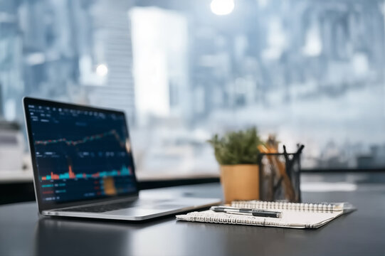 Modern business concept where digital technology and finance merge in an office environment. A laptop displays charts, diagrams, and investment data, symbolizing market growth