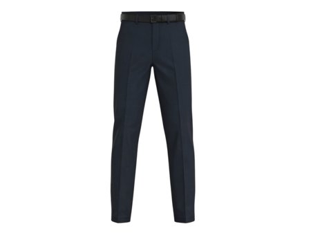 Crisply pressed men's formal trousers in a deep blue hue, complete with a smart black leather belt.
