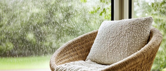 Serene indoor scene of cozy wicker chair with raindrops trickling down windowpane