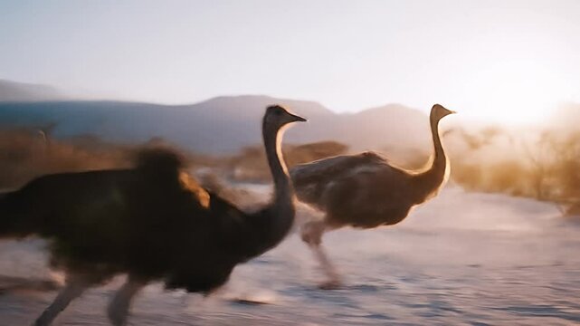Two ostriches run across a sandy landscape, with a blurred background of mountains at sunrise