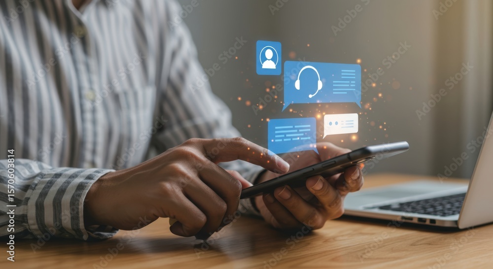 Poster person using a smartphone with glowing chat bubbles and icons representing communication and custome