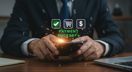 Man using smartphone for successful online payment with shopping cart and dollar icons symbolizing financial transactions and e commerce