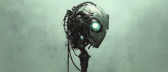 Distorted perception: An eerie cyborg head with a solitary glowing eye staring ahead