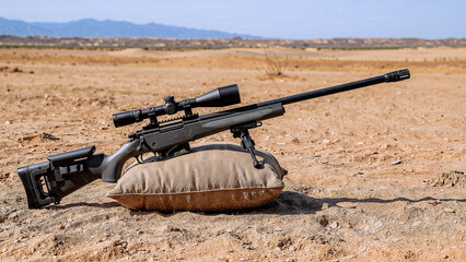 Sniper rifle poised in desert ambush position
