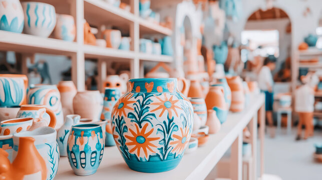A vibrant display of handcrafted ceramic pottery with intricate floral patterns in a bright artisanal shop setting, perfect for home decor inspiration or promoting local craft business.