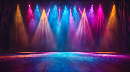 Theater stage light background with spotlight illuminated the stage.. Empty stage with bright colors backdrop decoration
