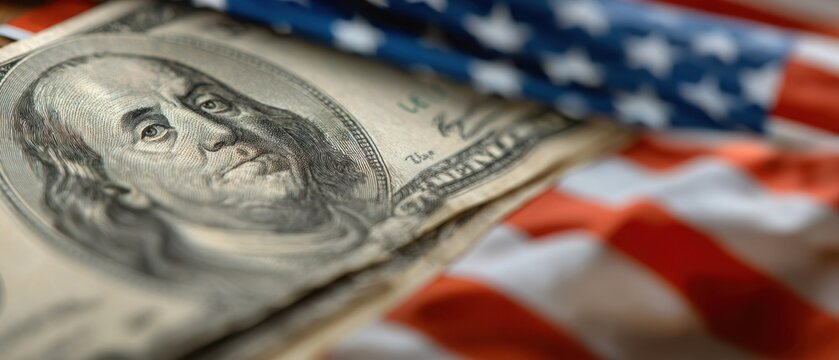 The dollar bill prominently displayed on an American flag backdrop.