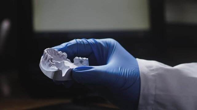 Dental lab Technician inspects Ceramic teeth mould with magnifier