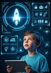 Young boy with futuristic interface child tablet