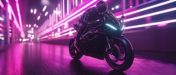 Futuristic motorcycle adventure through a neon lit urban landscape creating dynamic movement