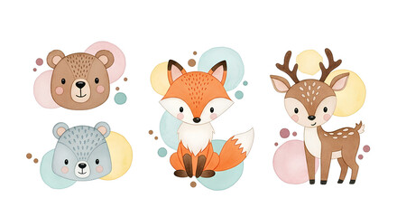 Obraz premium Adorable Watercolor Forest Animals Bear, Fox, Deer Illustrations