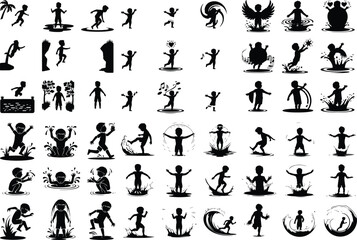 Kid Playing in Water Icon Pack – Silhouette Vector for Summer Joy Boy Splashing Water Silhouette Set – Fun Summer Activity Icons