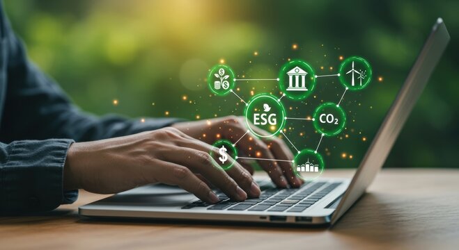 Person using a laptop to analyze esg factors and sustainability metrics for responsible business growth and environmental impact