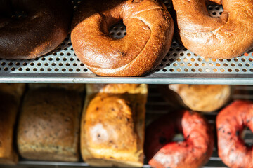 Freshly Baked Bagels on Bakery Shelves