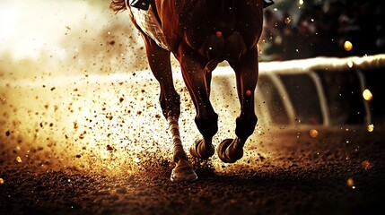 Close-up of a powerful horse galloping, kicking up dirt and demonstrating impressive speed