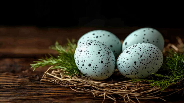 Three speckled blue eggs gently placed in a rustic bird nest, symbolizing new life and spring, ideal for Easter celebration content. - Powered by Adobe