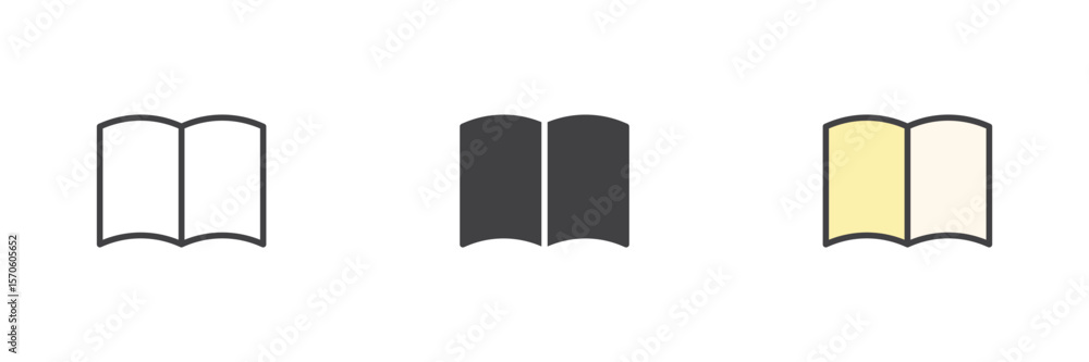 Poster wide open book icon set in line, solid and filled outline style