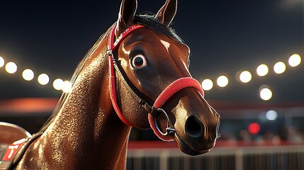 Animated horse with wide eyes under racing lights conveys surprise and excitement