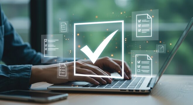 Person using a laptop with a large glowing checkmark and digital documents symbolizing task completion and approval