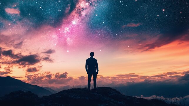 A lone man stands on a mountaintop, silhouetted against a breathtaking starry sky, gazing at the Milky Way. - Powered by Adobe