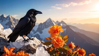 Raven Perched on Rocks with Flowers at Mountain Sunset