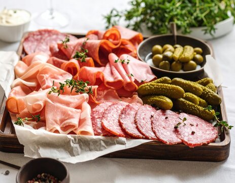 Assorted Cured Meats And Pickles On Wooden Board