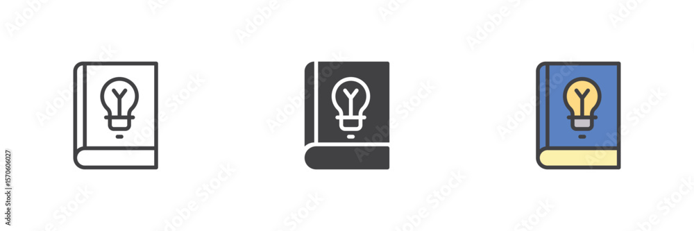 Poster idea lightbulb book icon set in line, solid and filled outline style