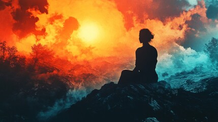 Obraz premium A silhouette of a woman sitting on a rocky cliff, gazing at a dramatic, colorful sunset.