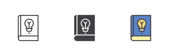 Idea lightbulb book icon set in line, solid and filled outline style