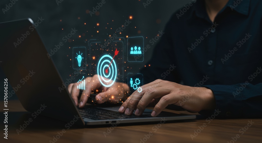Poster businessman utilizing a laptop with a digital interface displaying business goals strategy and team 