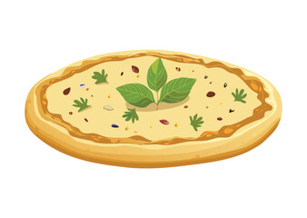 Light Flatbread with Green Basil Leaves - Vector Illustration