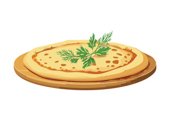 Golden Flatbread Topped with Fresh Green Herbs - Vector Illustration