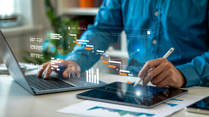 Professional business workspace with sleek white desk, laptop, tablet, and futuristic holographic interface overlay displaying data, charts, and digital icons