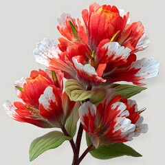 Indian paintbrush featuring vibrant red bracts with green foliage on a white background