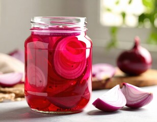 Pickled Red Onion Rings In Glass Jar