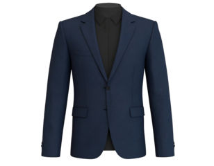 A stylish dark blue blazer for men is elegantly presented on a sophisticated display form.