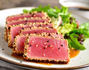 Sliced Tuna With Sesame Seeds And Salad On Plate